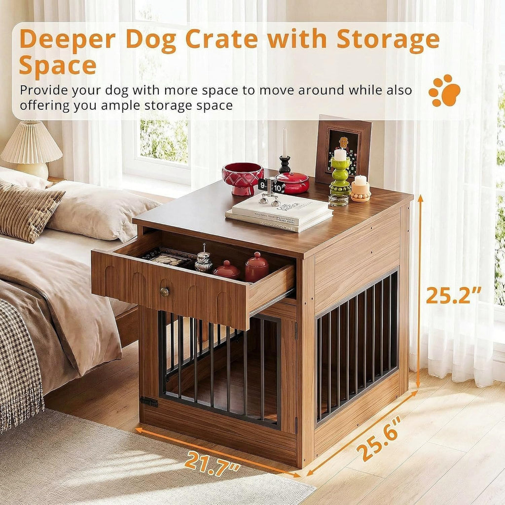 ironck 25.6" small dog crate furniture with drawer showing dimensions