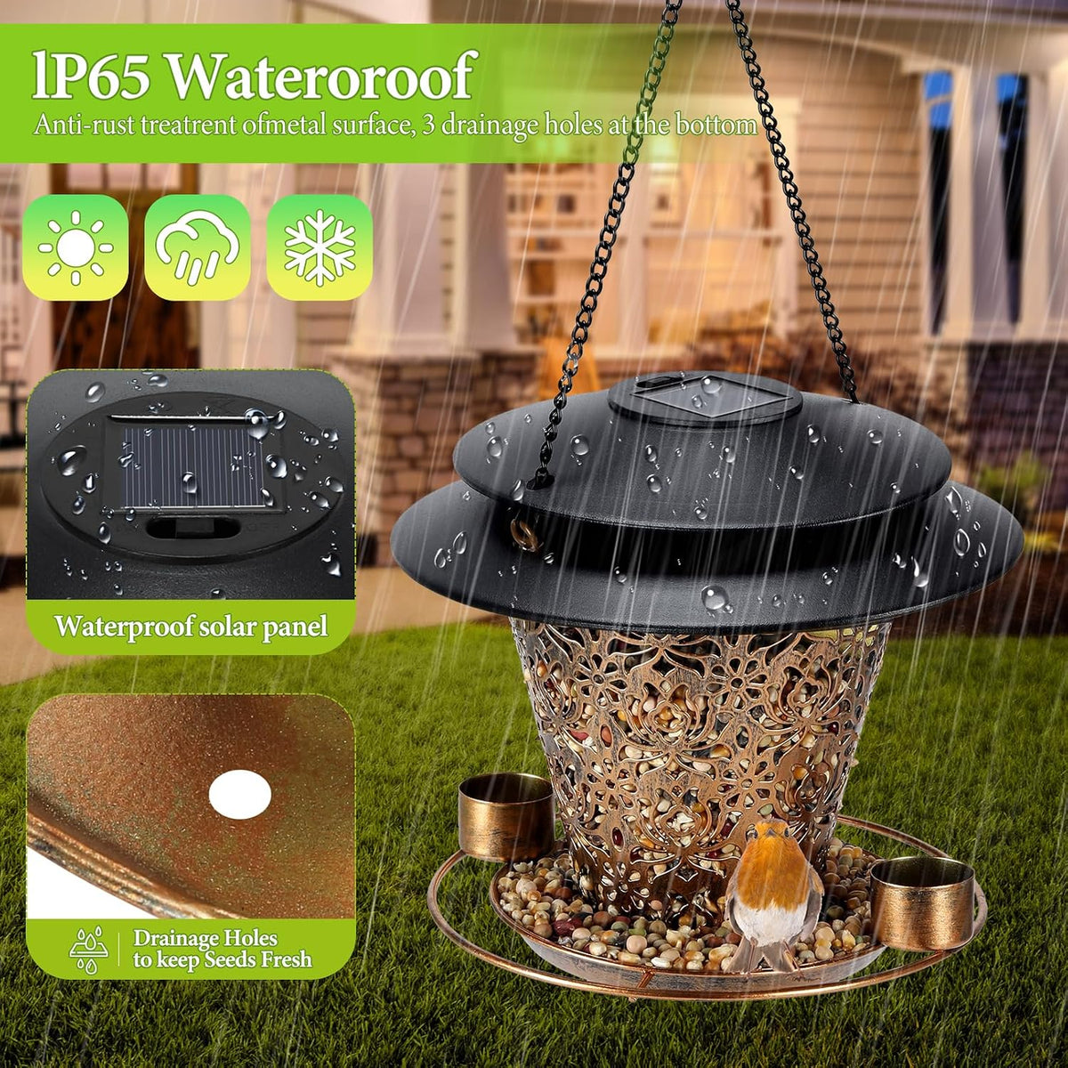 solar bird feeders for outside hanging metal wild, side view