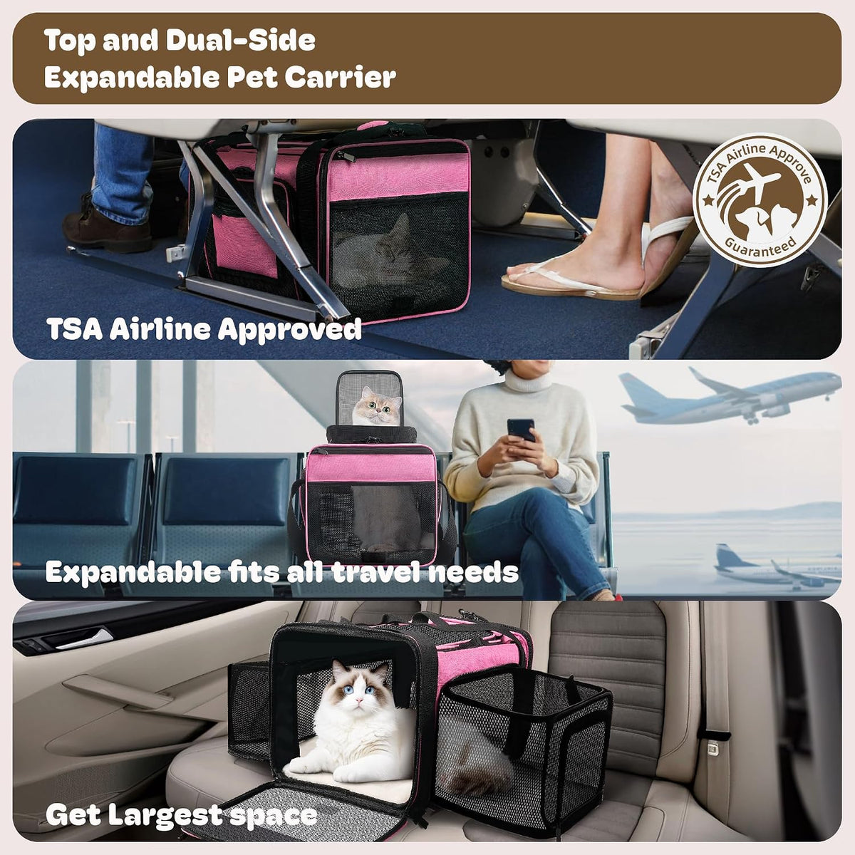 top and 2 sides expandable pet carrier 17x11x9.5 shown in use
