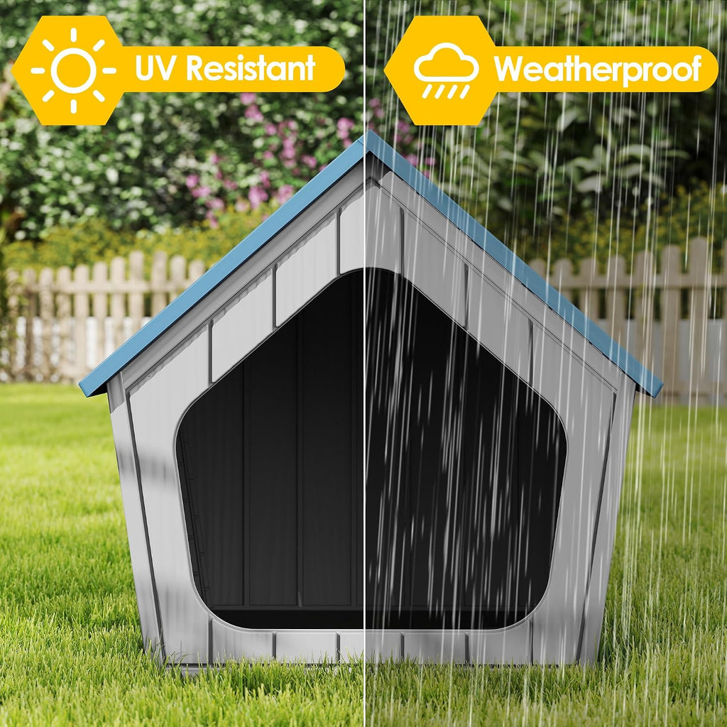 fancyango small dog house outdoor indoor, durable plastic shown in use