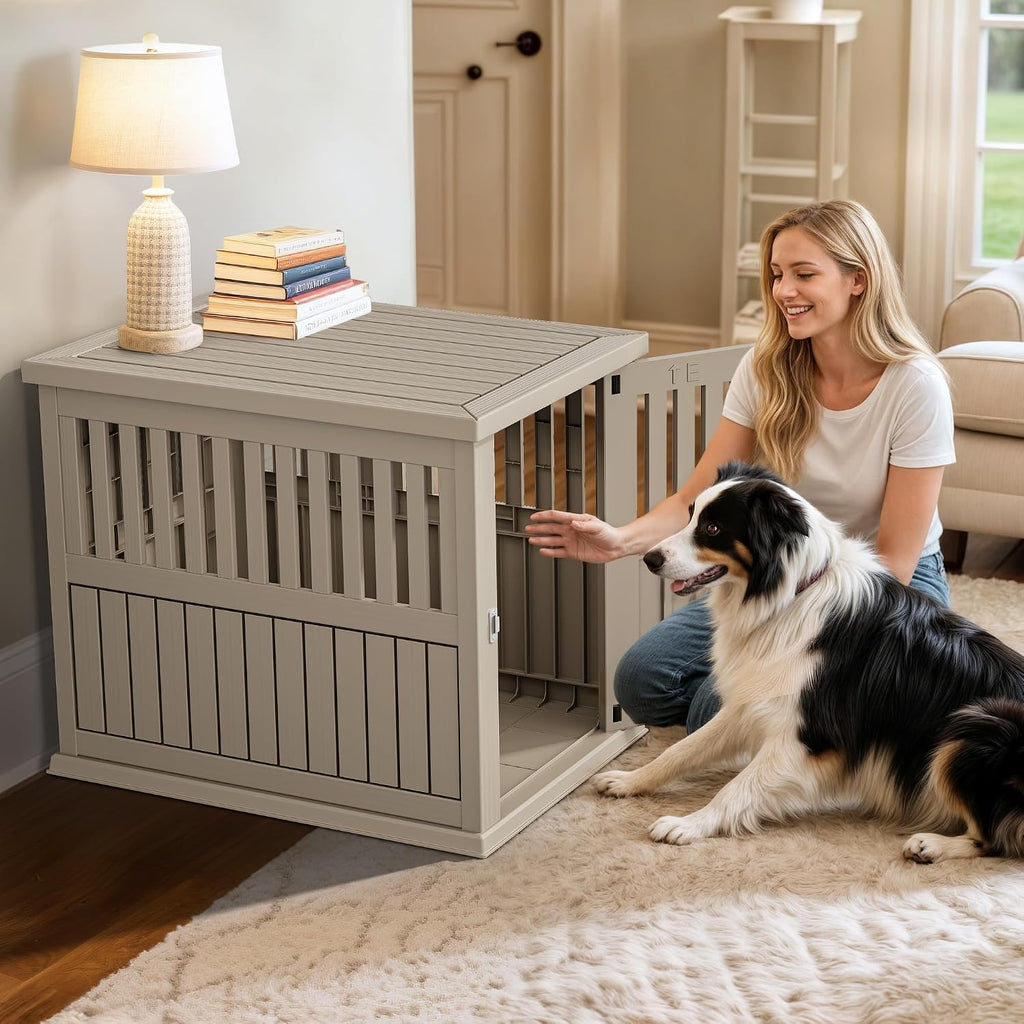 yitahome dog crate, weatherproof dog crate furniture w/secure shown in use