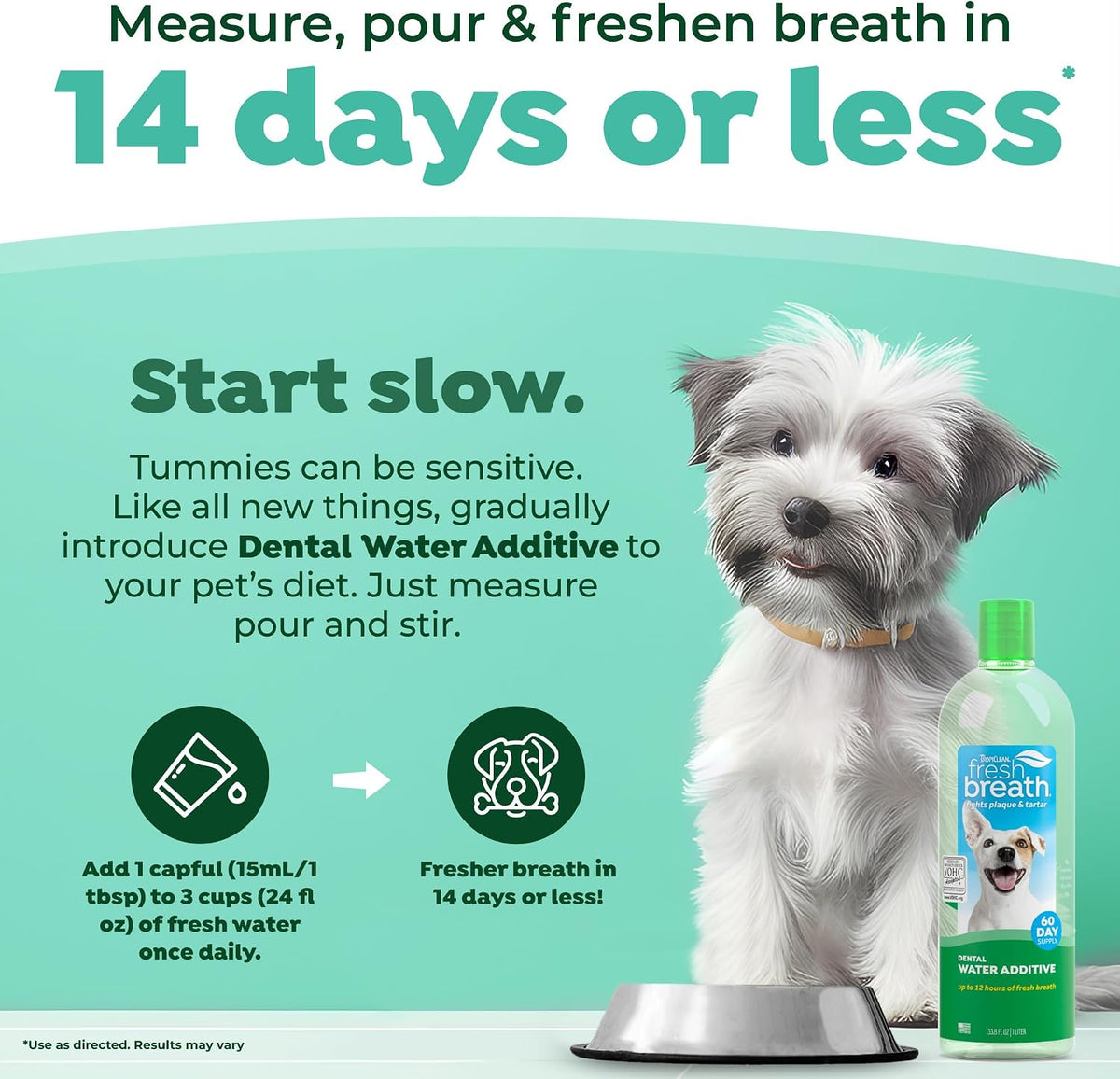 tropiclean fresh breath water additive, dog breath freshener, close-up detail