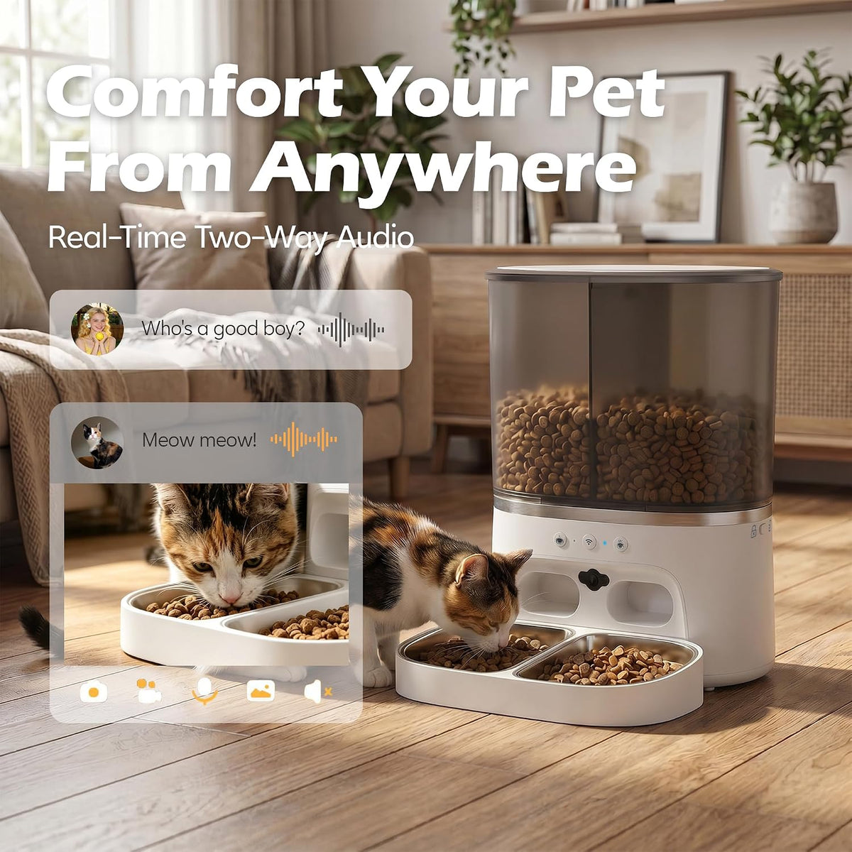 automatic cat feeder with camera, automatic dog feeder shown in use
