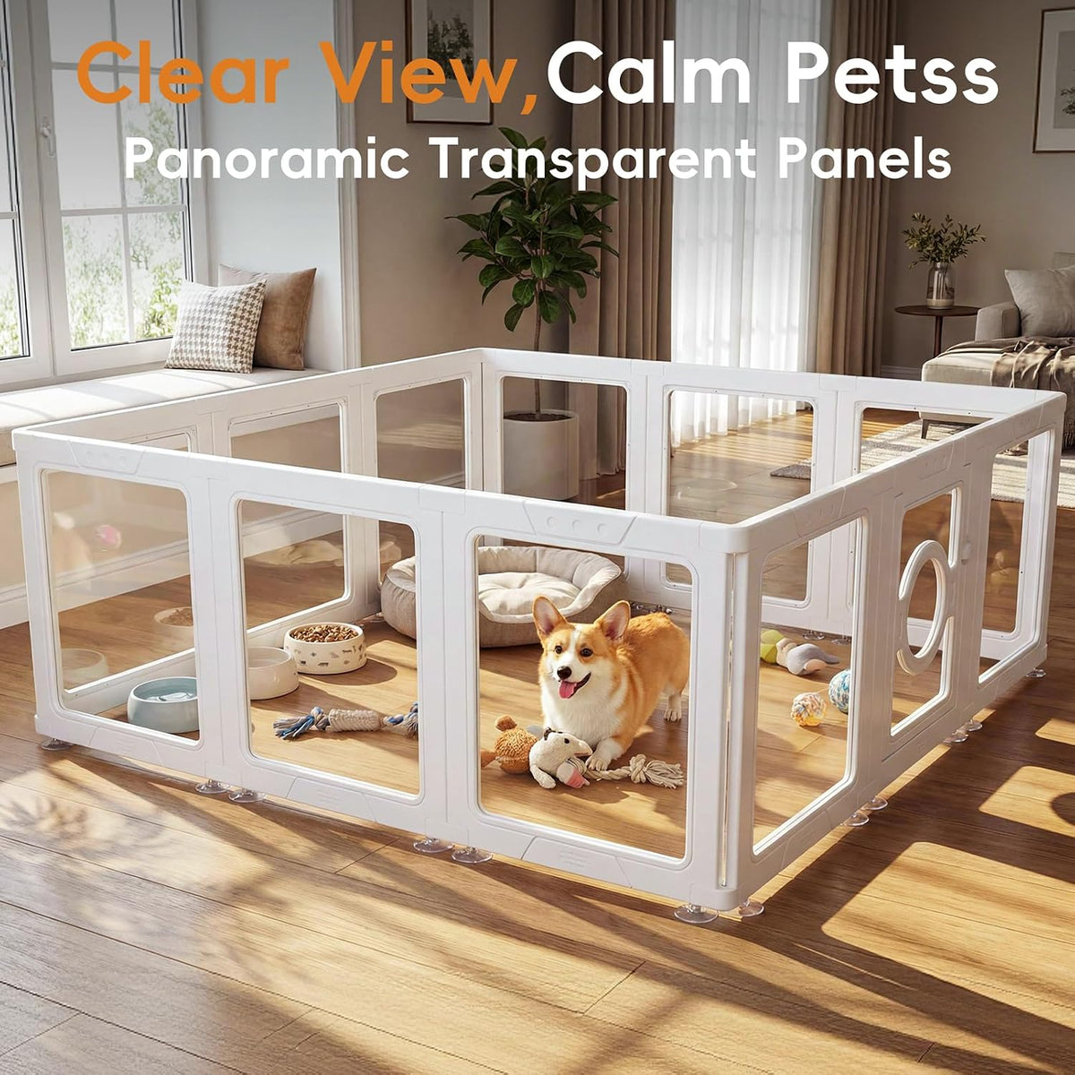 jeko&jeko clear acrylic dog playpen indoor, transparent pet, close-up detail