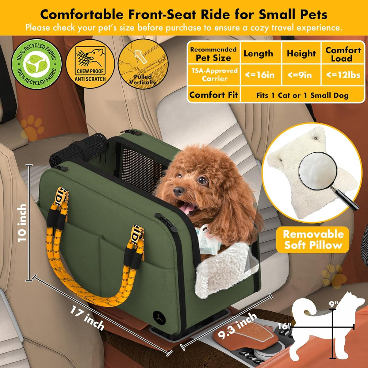 pawzidea center console dog car seat, secure straps shown in use