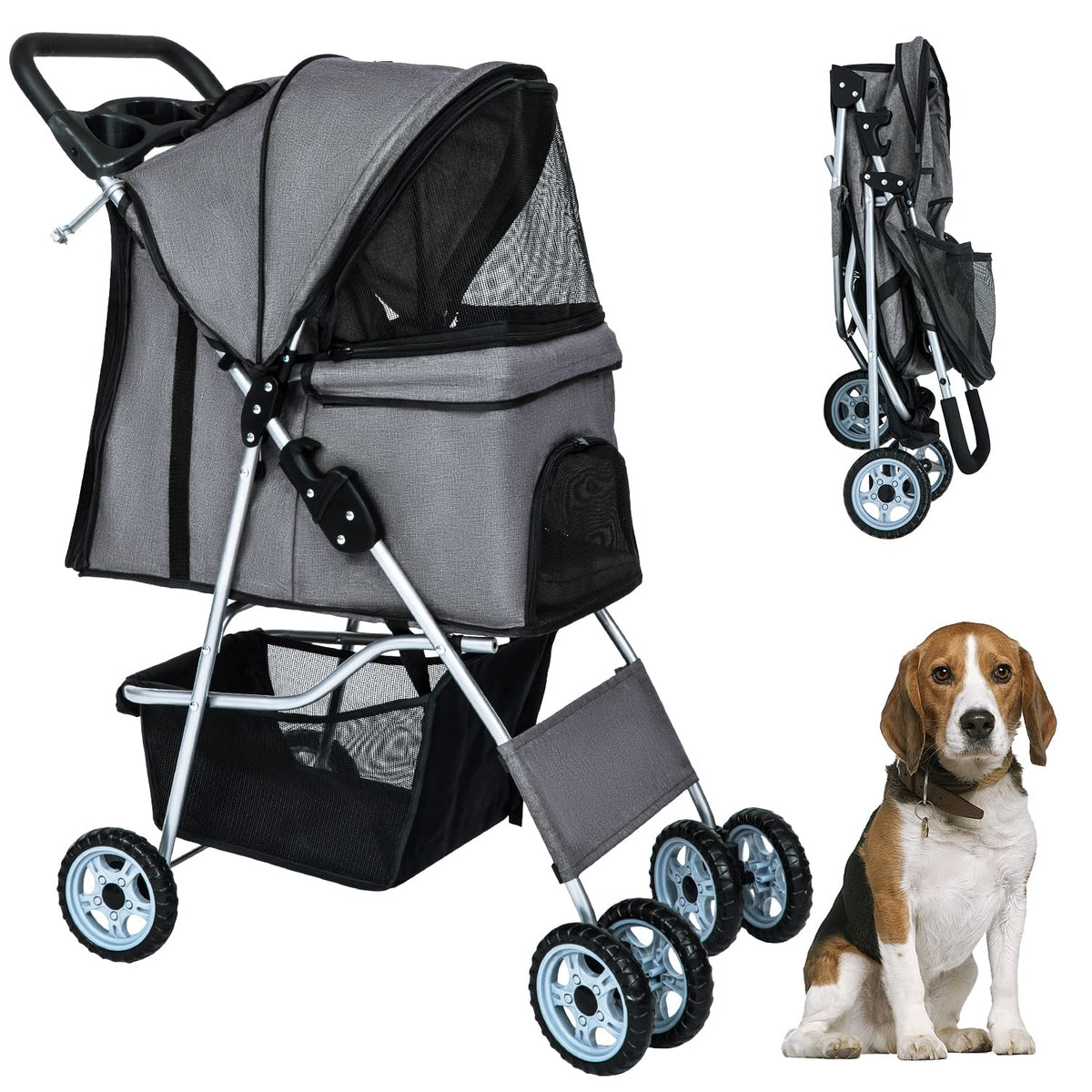 bestpet | 4-wheel foldable pet stroller | grey, main product view