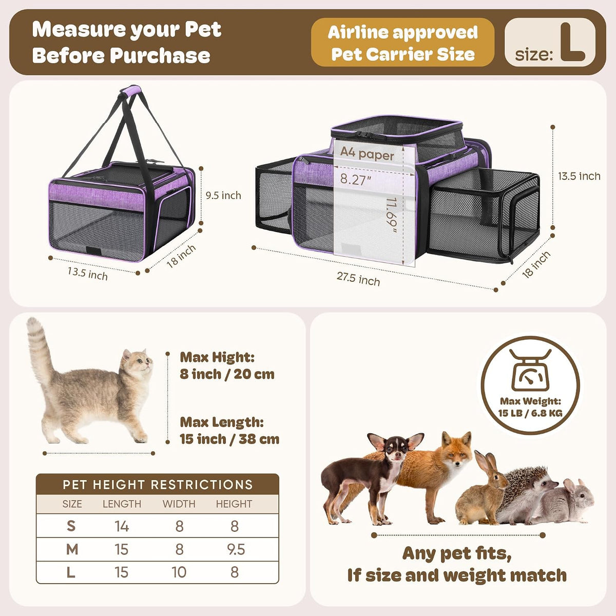 top and 2 sides expandable cat carrier 18x13.5x9.5, side view