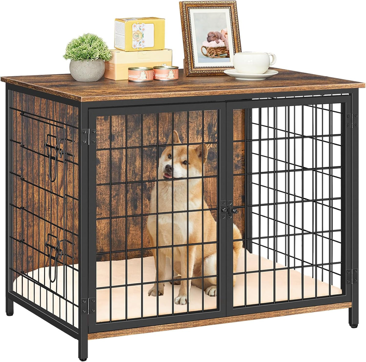 mahancris dog crate furniture with cushion, wooden dog, view 9