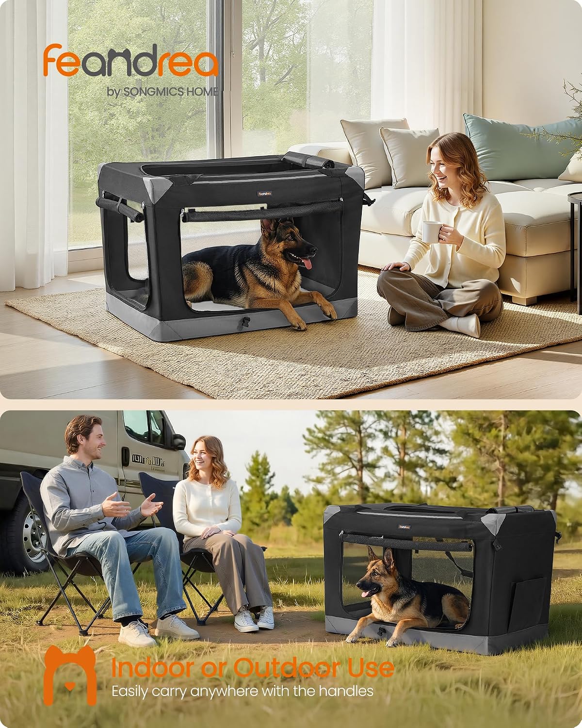 feandrea collapsible dog crate, portable pet travel crate shown in use
