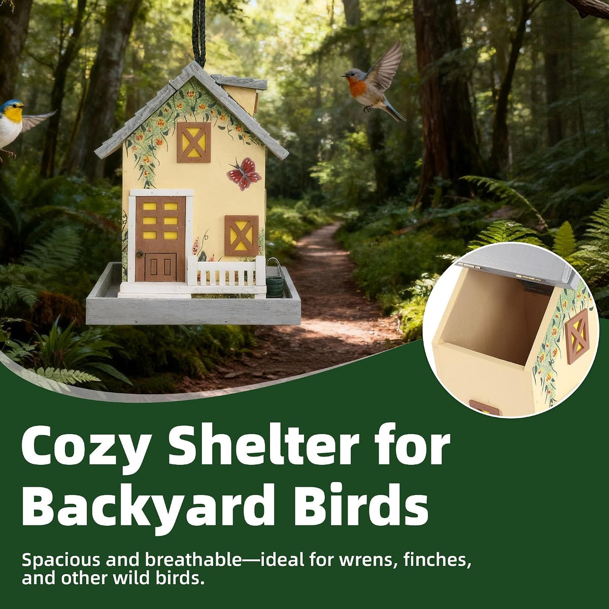 mewang colorful hanging wooden bird house feeder, light showing dimensions