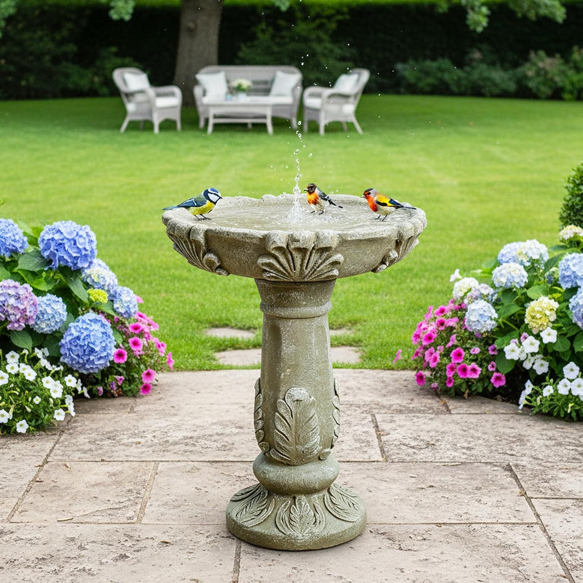 sunjet 23.6" outdoor fibre reinforced concrete birdbath, bird shown in use