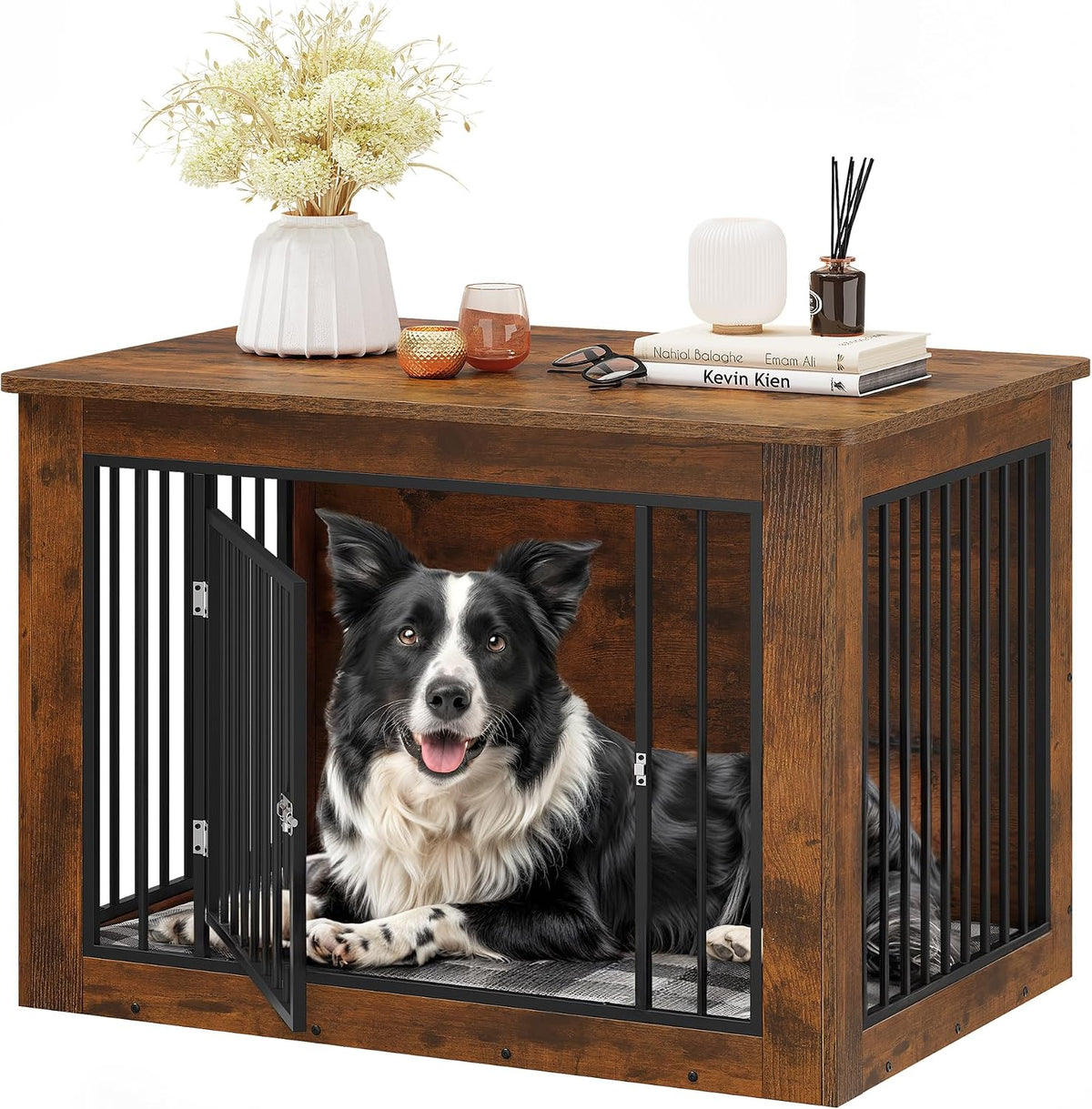 yitahome 38" dog crate furniture 2-in-1 iron-wood fusion showing dimensions