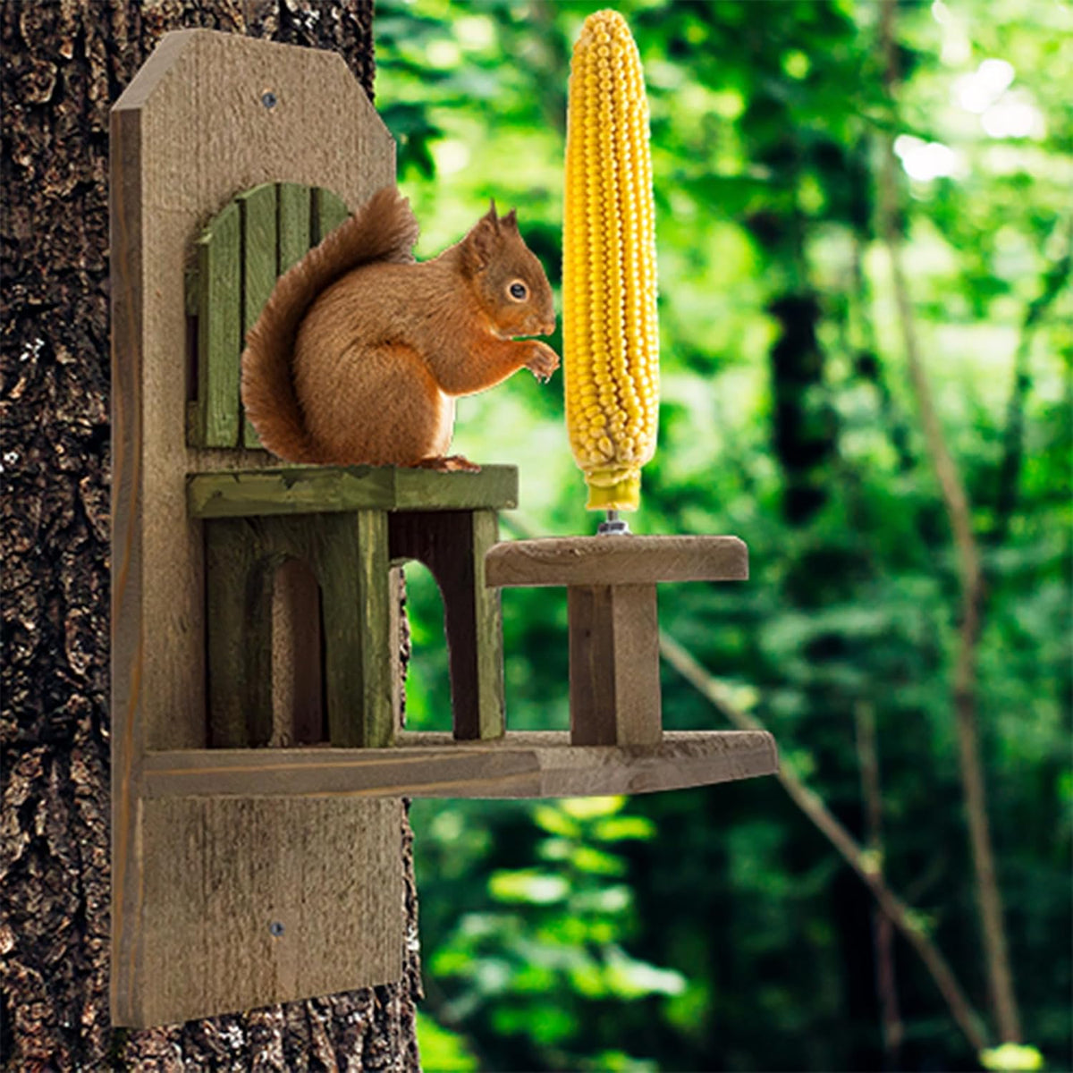 uncle dunkels’ chair squirrel feeder, handmade wood table shown in use