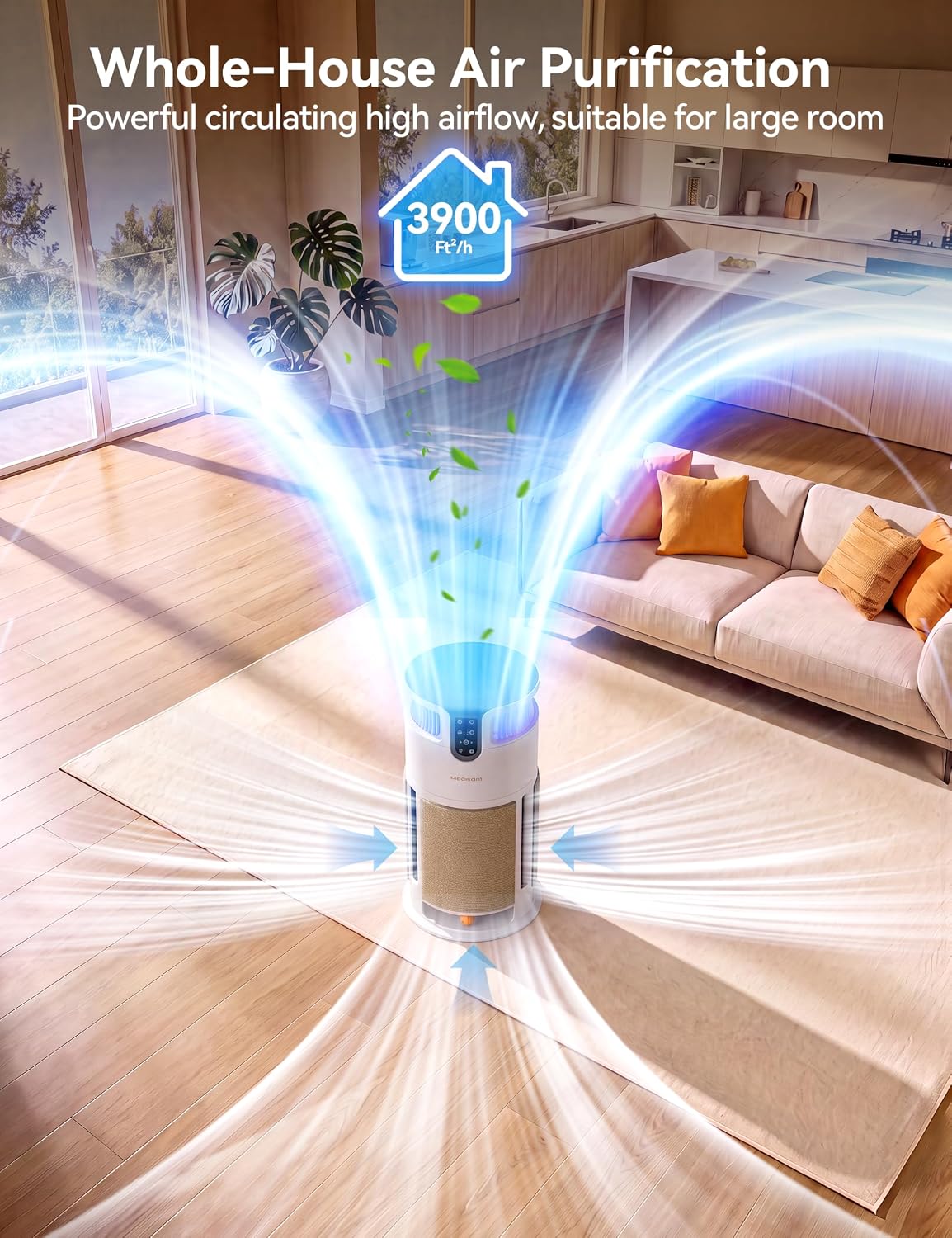meowant pet air purifier for home large room,h13, side view