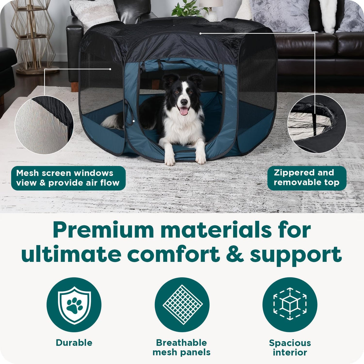 furhaven soft-sided dog & cat playpen, portable foldable showing dimensions
