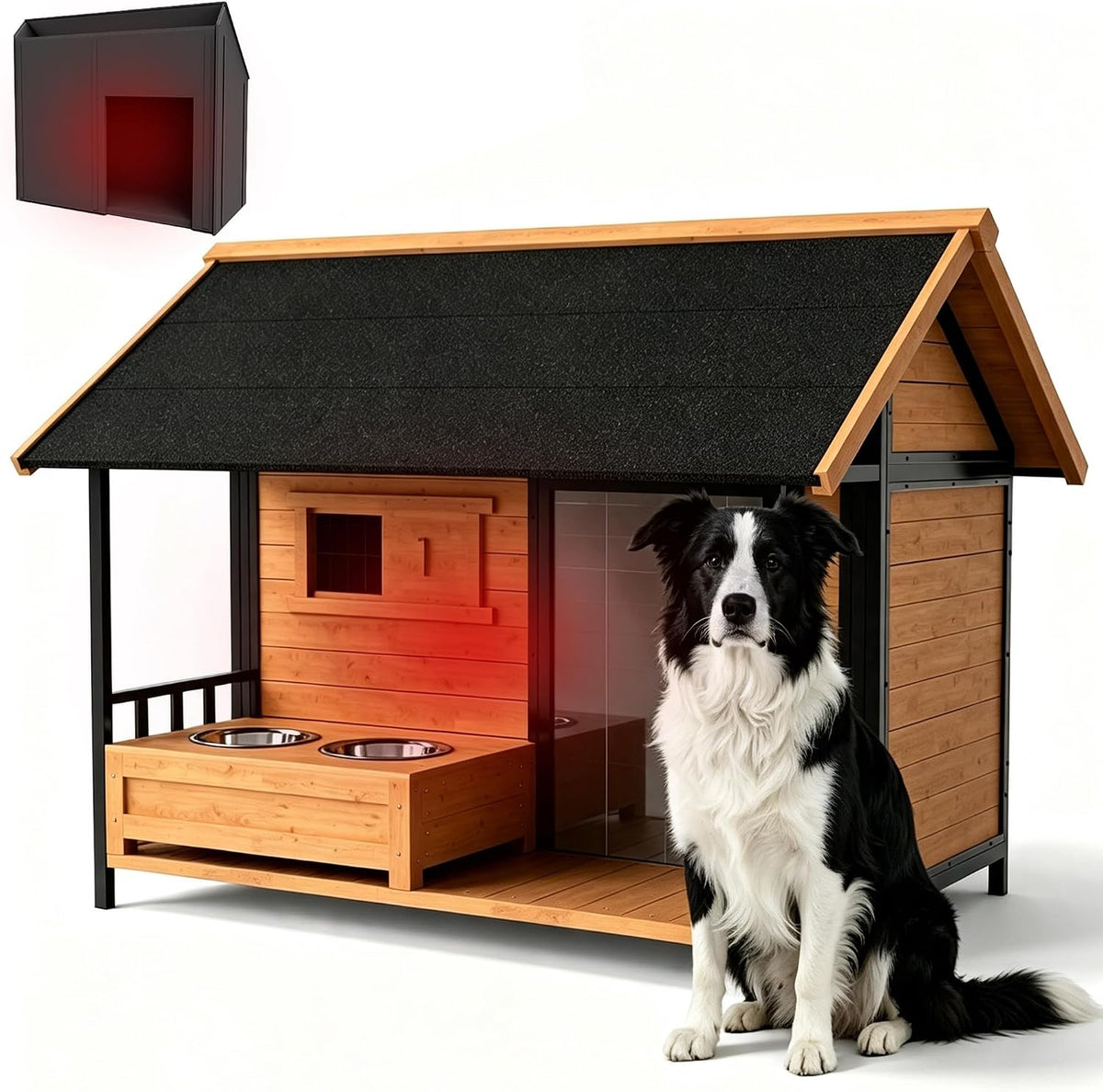 large dog house with porch & dog bowls, view 9