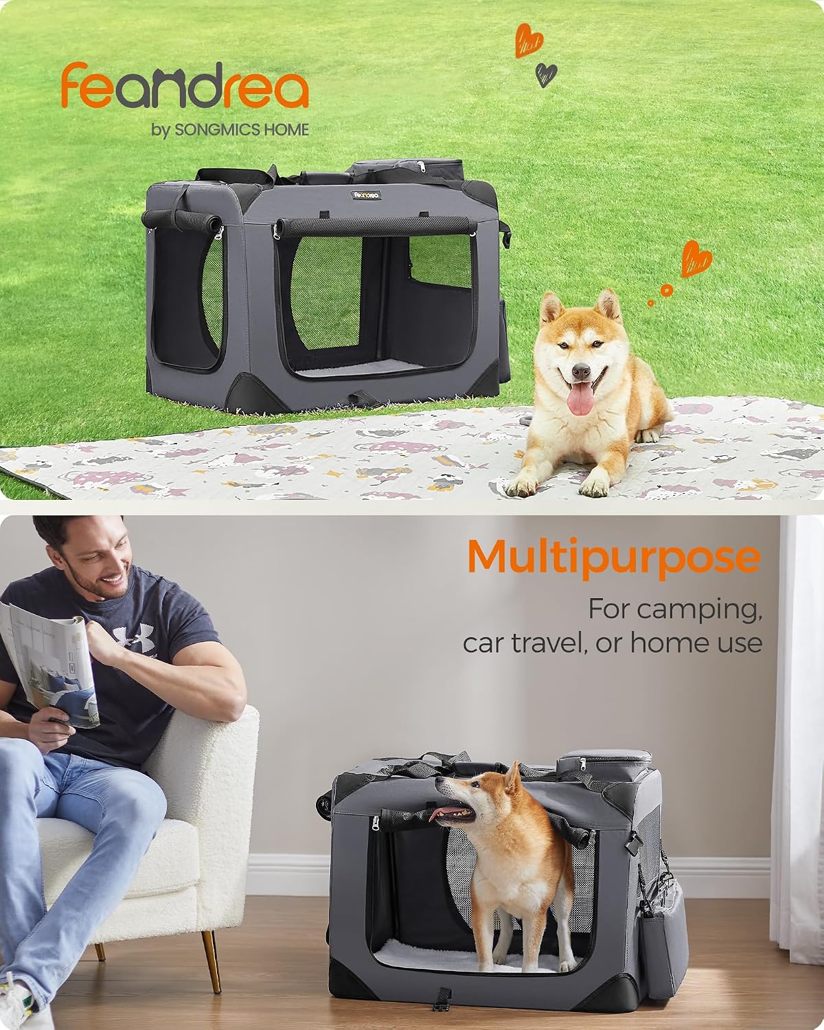 feandrea collapsible soft dog crate, portable travel carrier shown in use