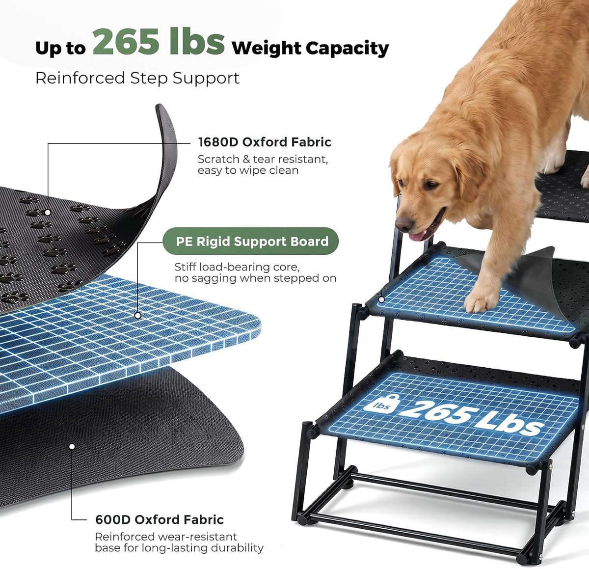 4‑step dog stairs for car trunk, 18.5" wide showing dimensions