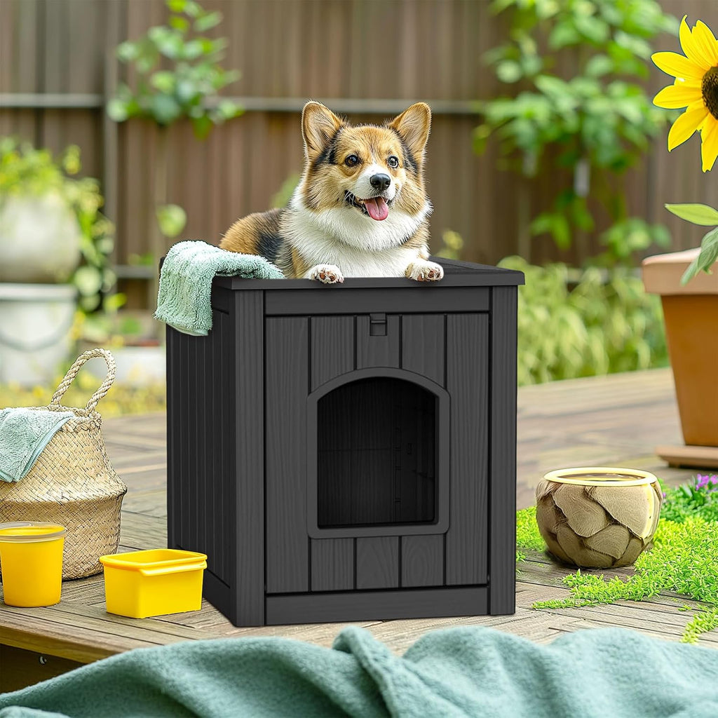 drato outdoor indoor dog house, black, medium on a desk or shelf
