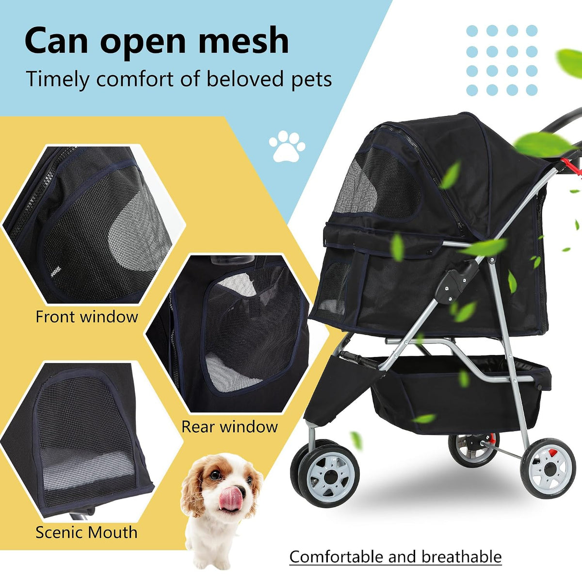 fdw pet stroller 3-wheel durable foldable cat dog, side view