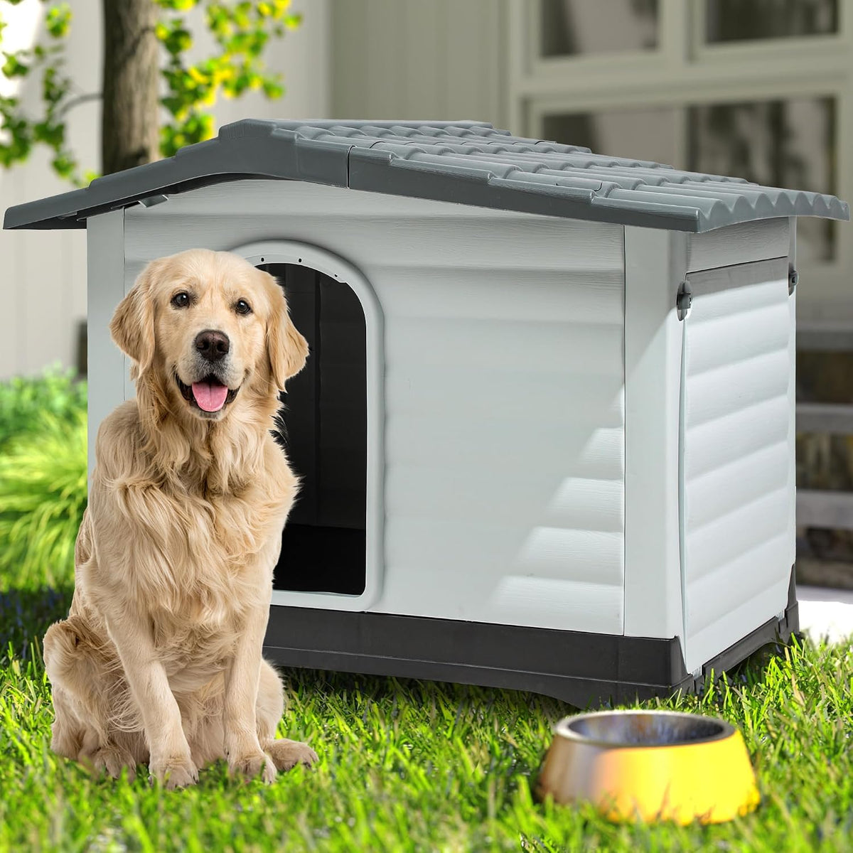 dwvo 2-door large dog house with elevated base, front angle view