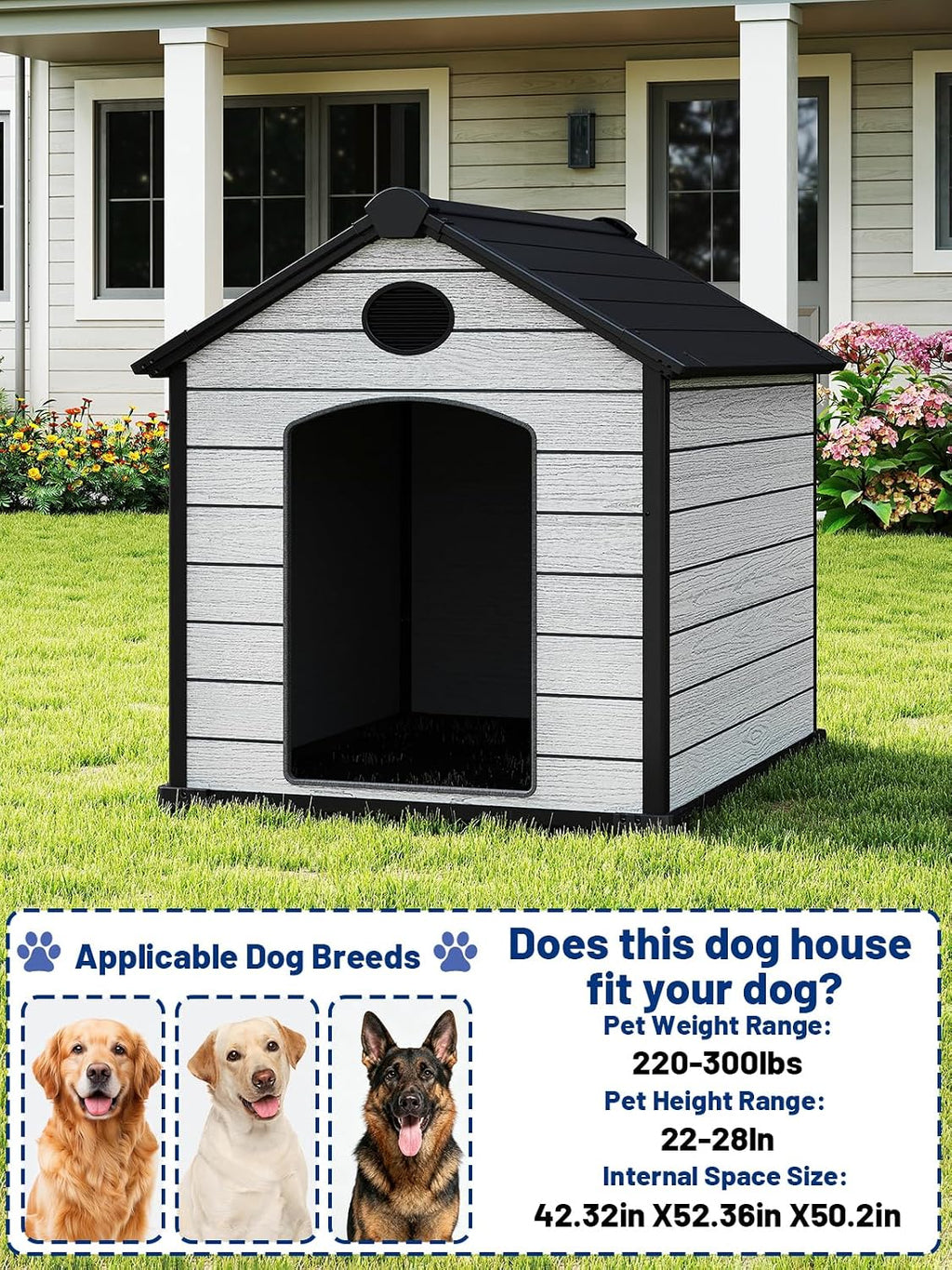 ehhly 57" extra large dog house outdoor,durable resin shown in use