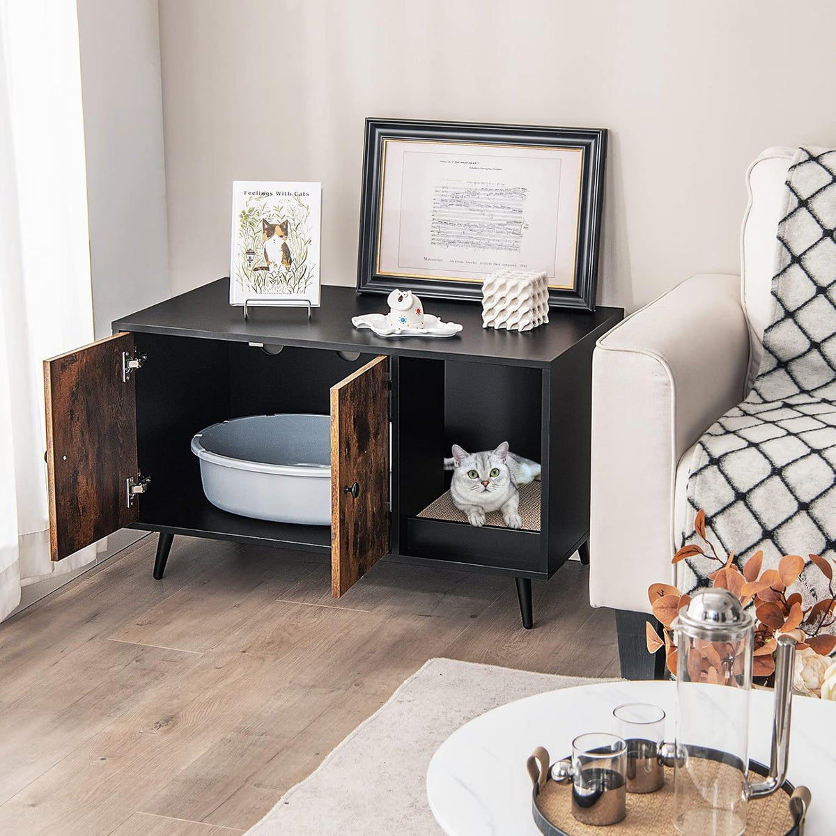 petsite litter box enclosure, wooden hidden litter box shown in use
