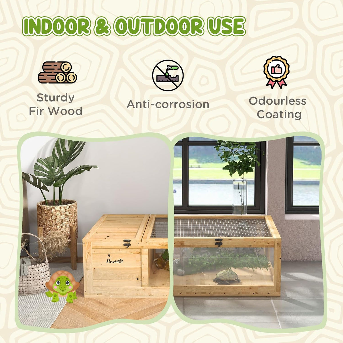 pawhut wooden tortoise house indoor turtle habitat enclosure, close-up detail