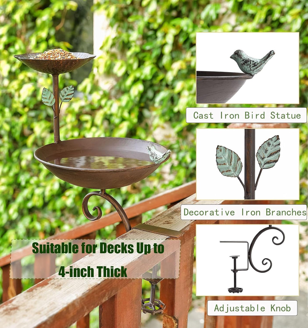 bird bath for deck railing, balcony bird feeder shown in use