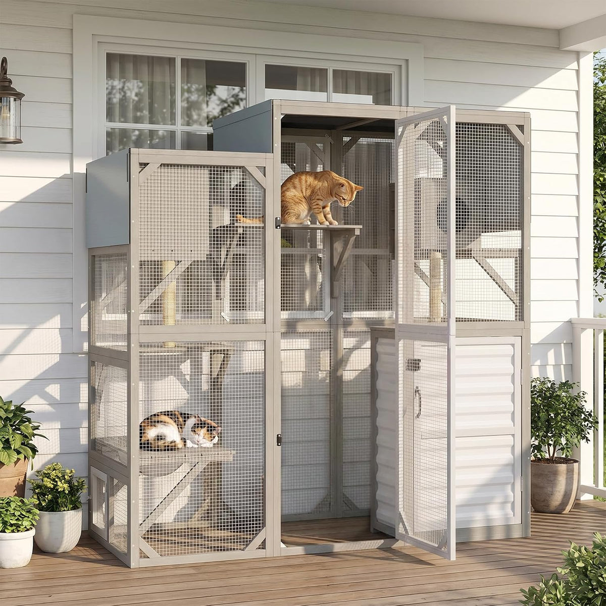 walk-in catio outdoor cat enclosure with storage cabinet, main product view