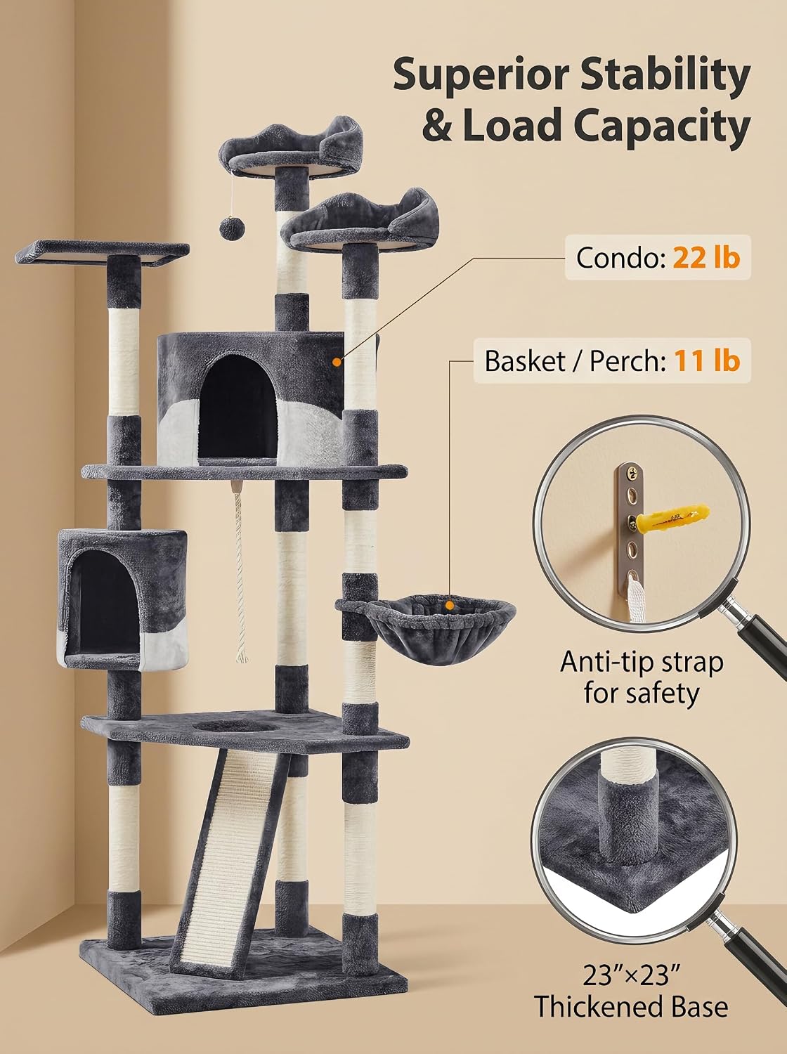 yaheetech 79in multi-level tall cat tree for multiple, close-up detail