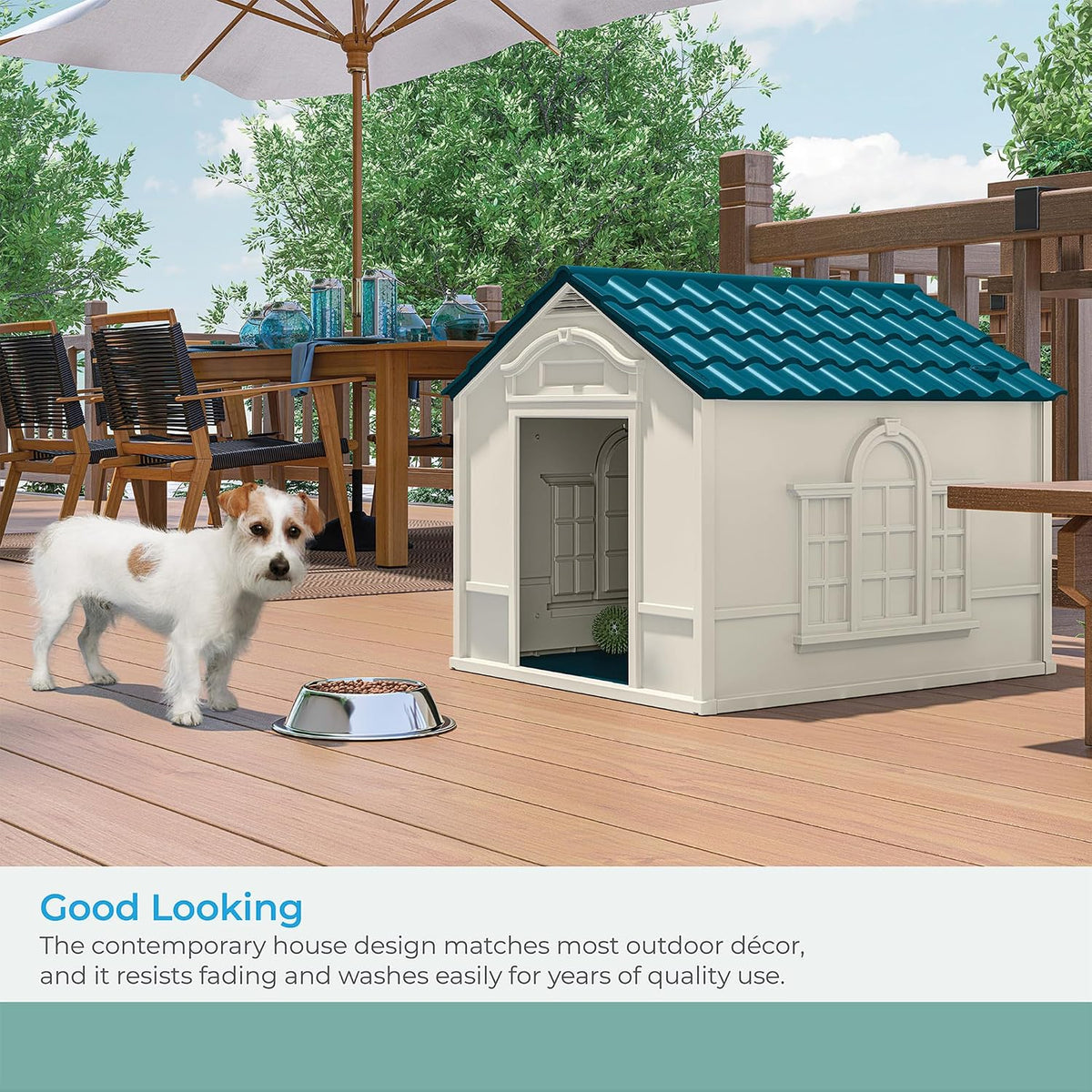 suncast outdoor dog house with door - water, package contents