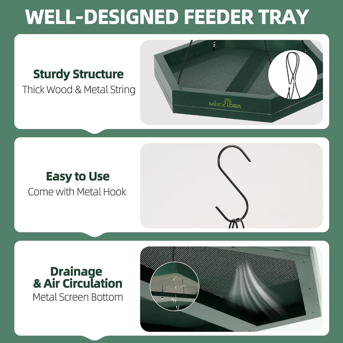 mixxidea platform bird feeder tray, hanging bird feeders, close-up detail