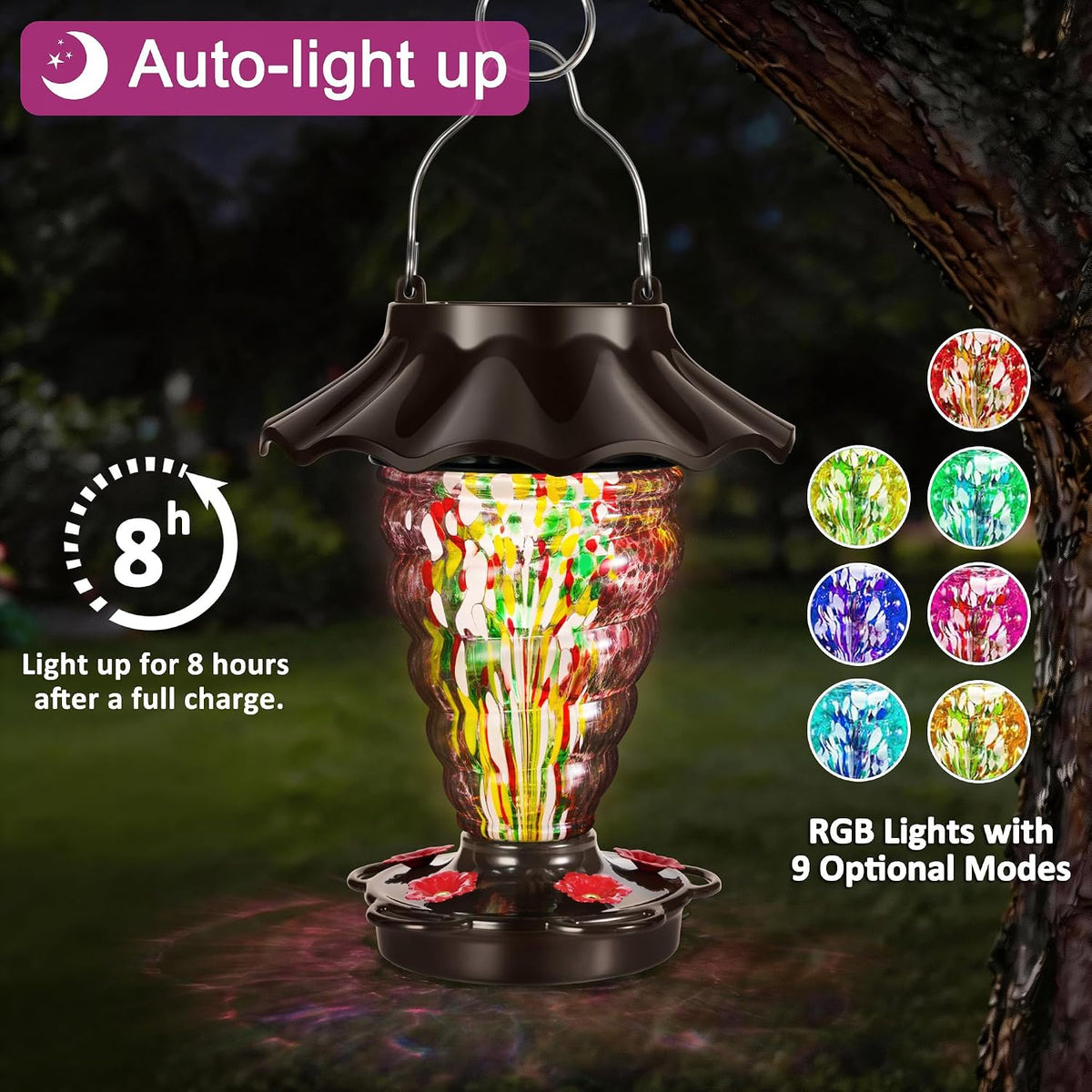 lujii solar hummingbird feeder for outdoor hanging, rgb, close-up detail