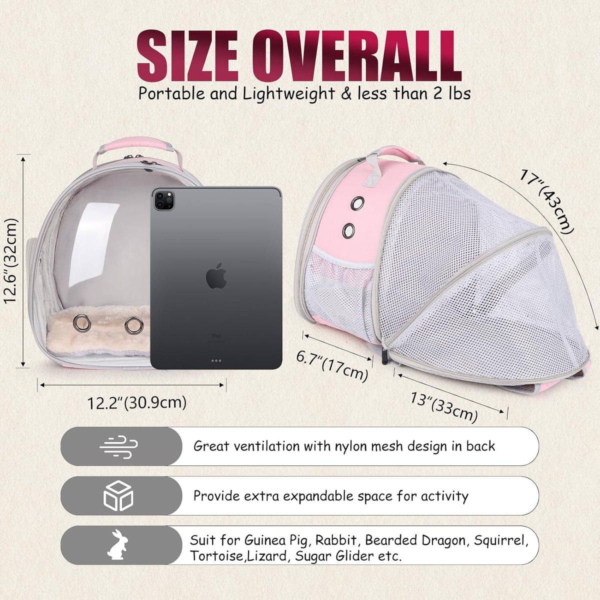 back expandable backpack for small animals, portable travel, side view