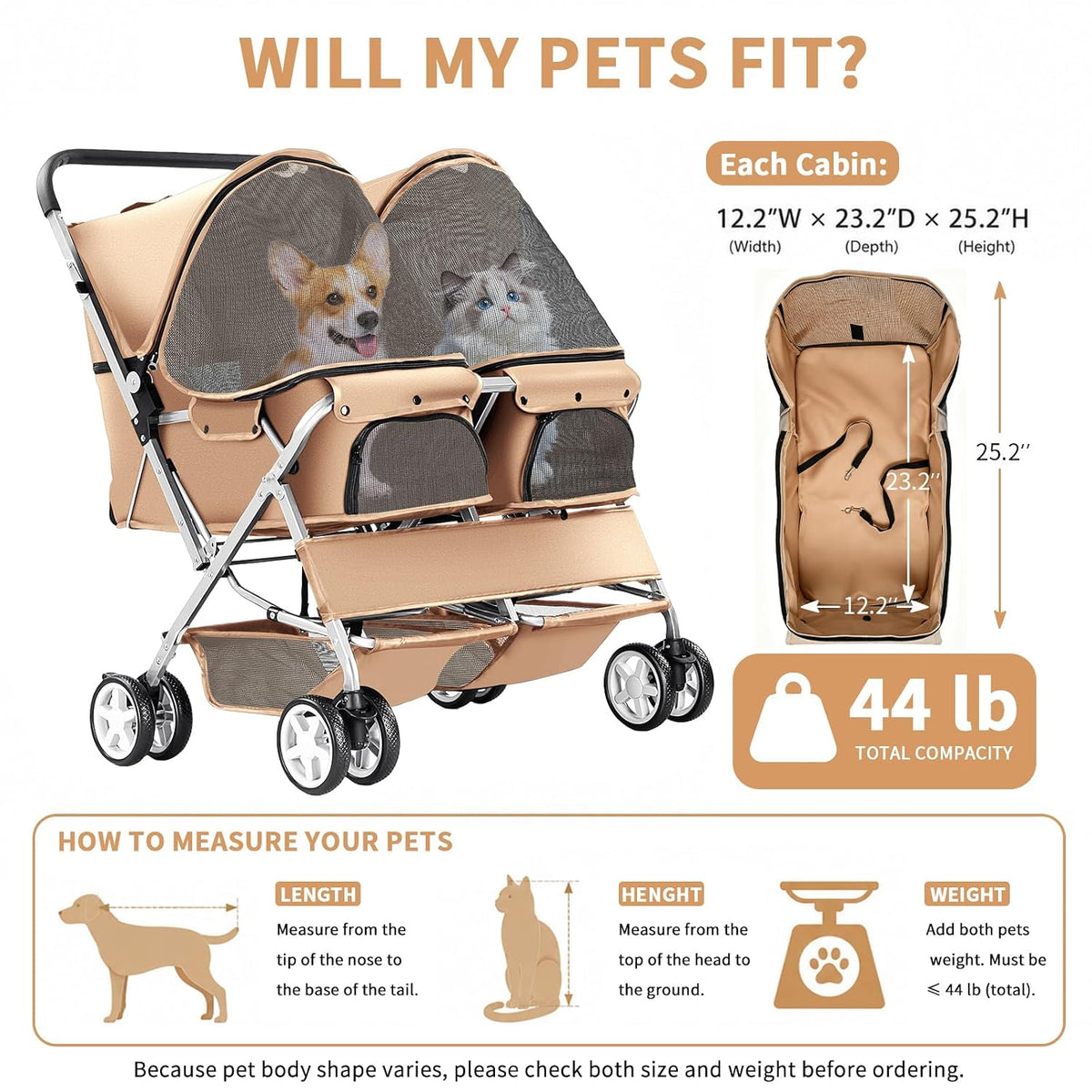 double pet stroller for 2 dogs & cats, close-up detail