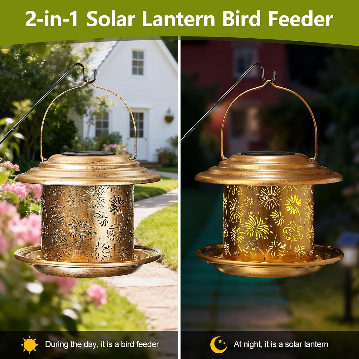 solar bird feeders for outdoors, weatherproof metal bird showing dimensions