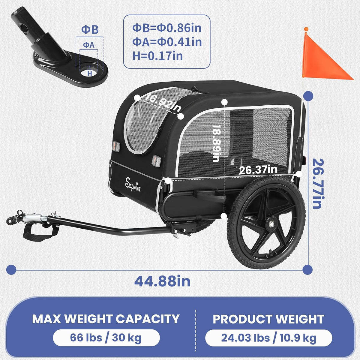 sepnine dog bike trailer, dog cart for bicycle, close-up detail