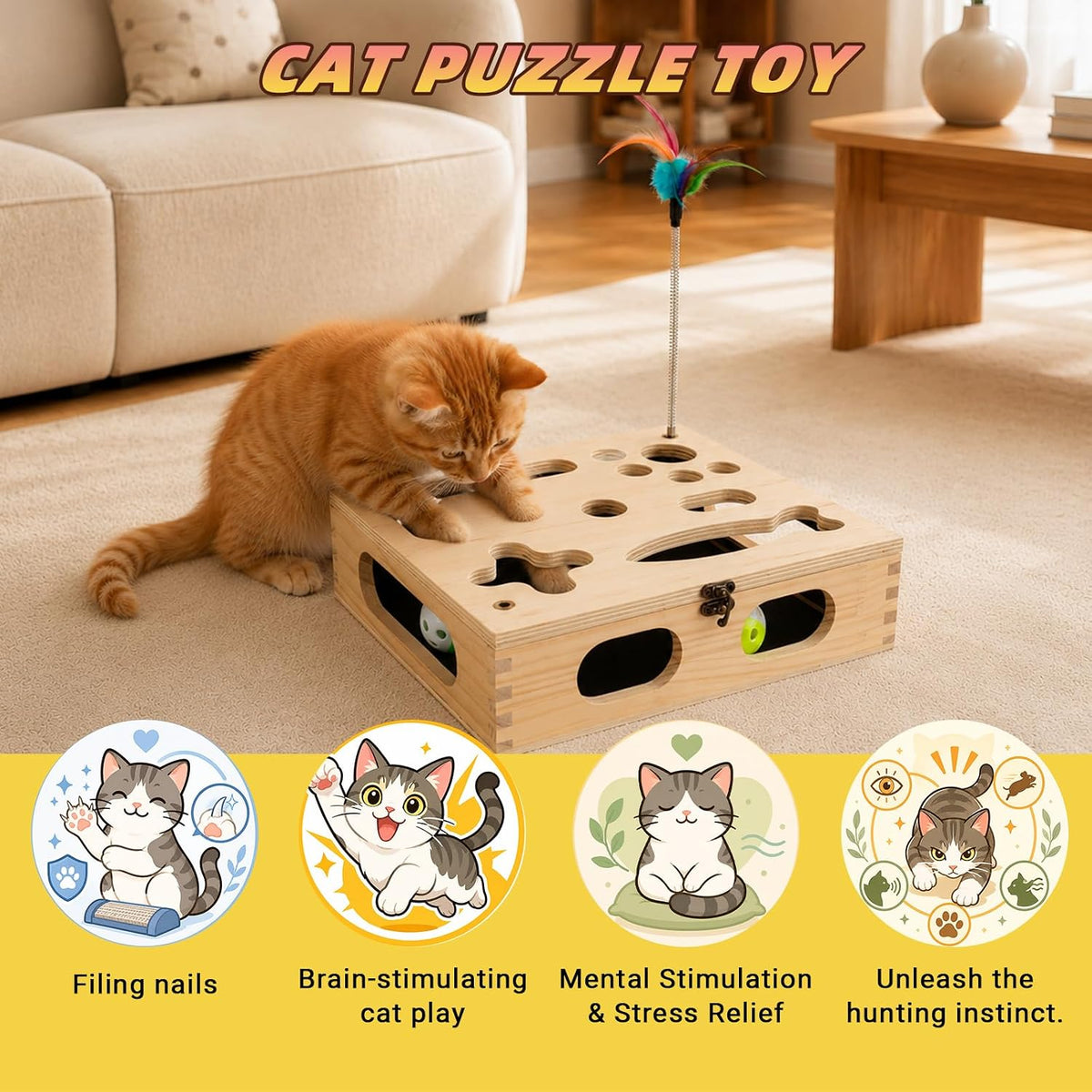 cat scratch puzzle enrichment box, interactive cat toy shown in use