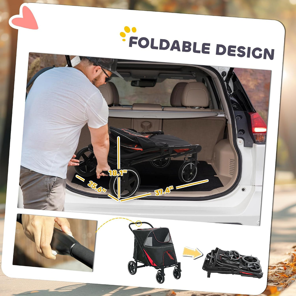 pawhut dog stroller one-click foldable pet cat stroller showing dimensions