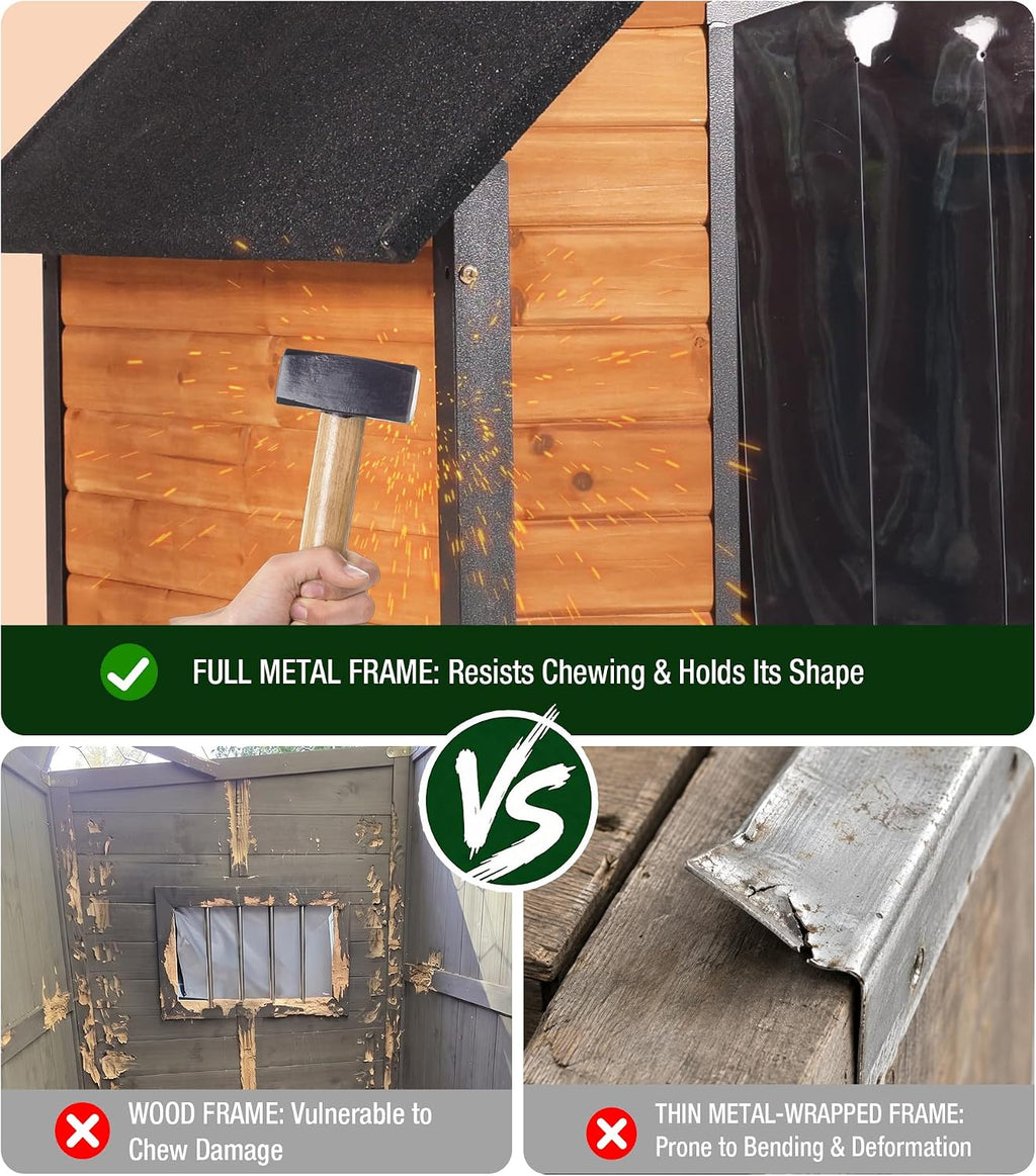 gutinneen heated dog house for outside iron frame, close-up detail
