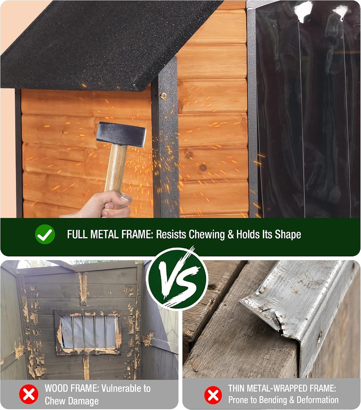 gutinneen heated dog house for outside iron frame, close-up detail