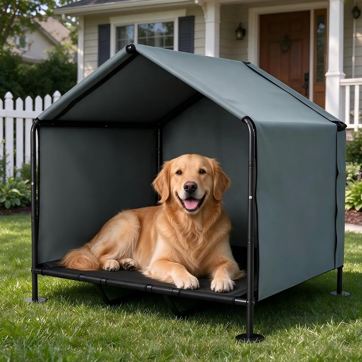 large dog canopy with elevated bed, outdoor dog, main product view