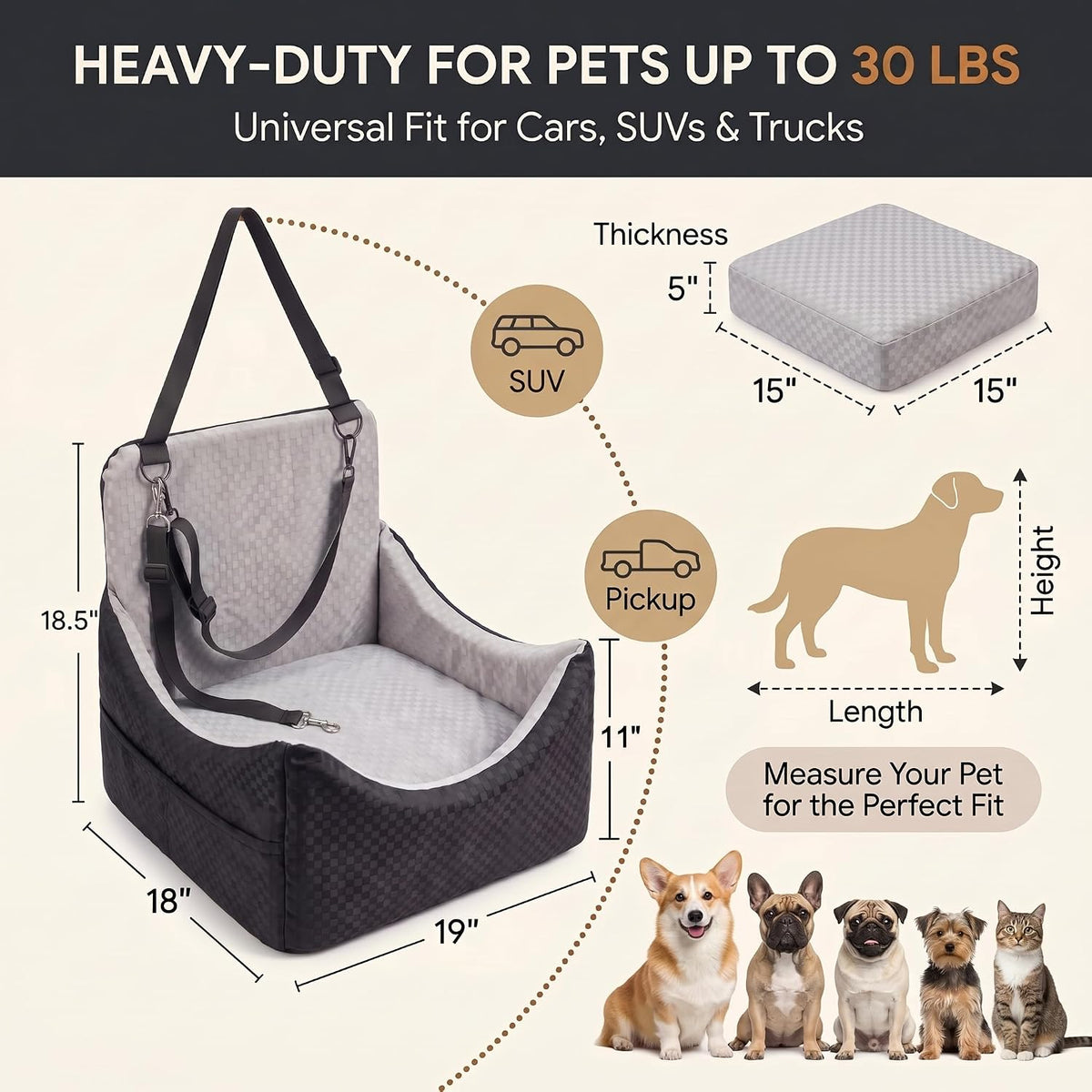 dog car seat, 5" elevated cushion, front/back seat showing dimensions