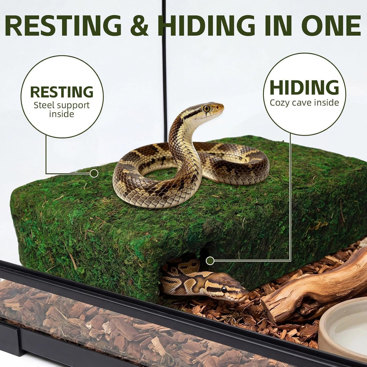 l size green moss cave hide, reptile shelter, close-up detail