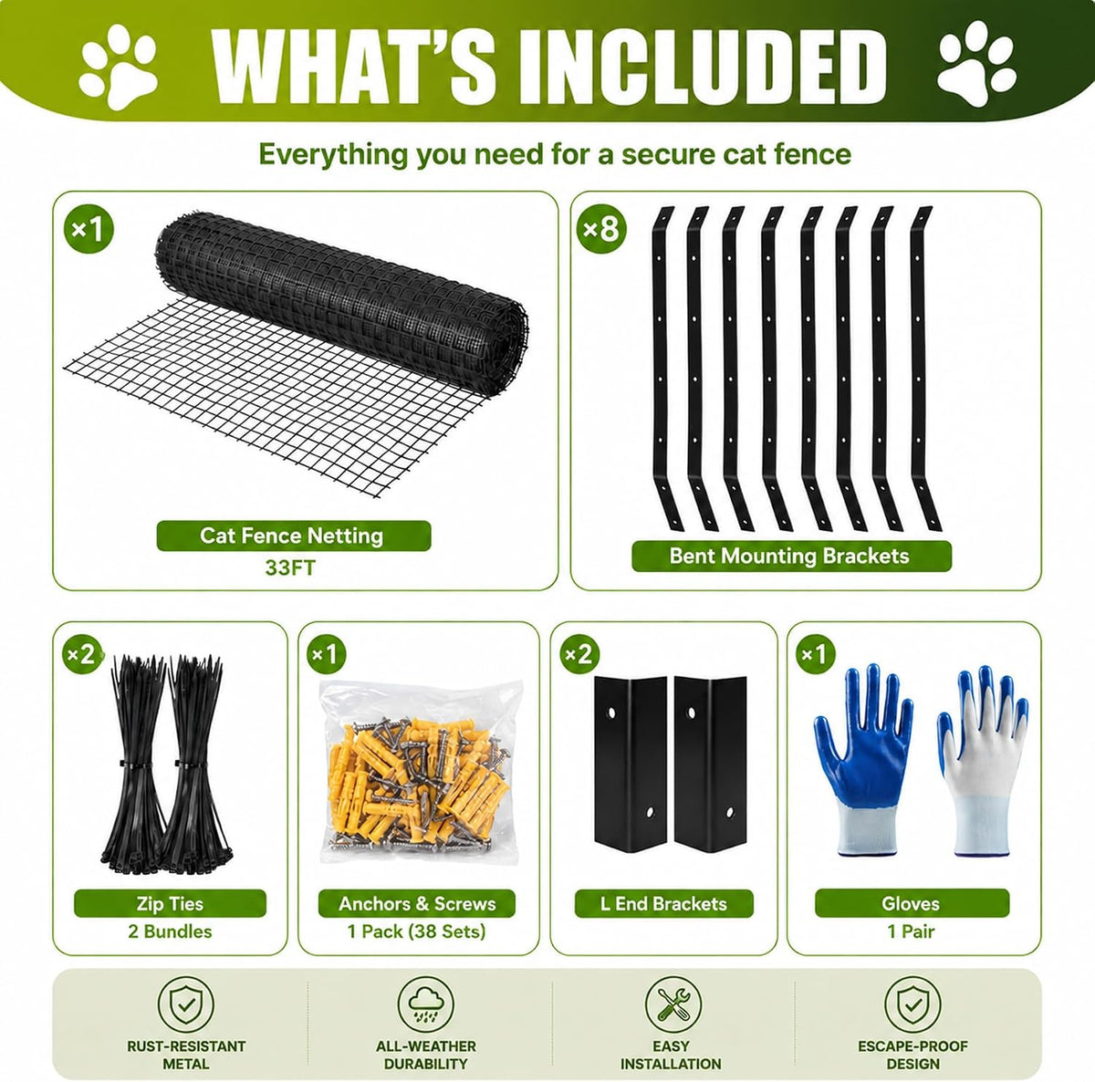 cat fence outdoor barrier 33ft with 8 kits, close-up detail