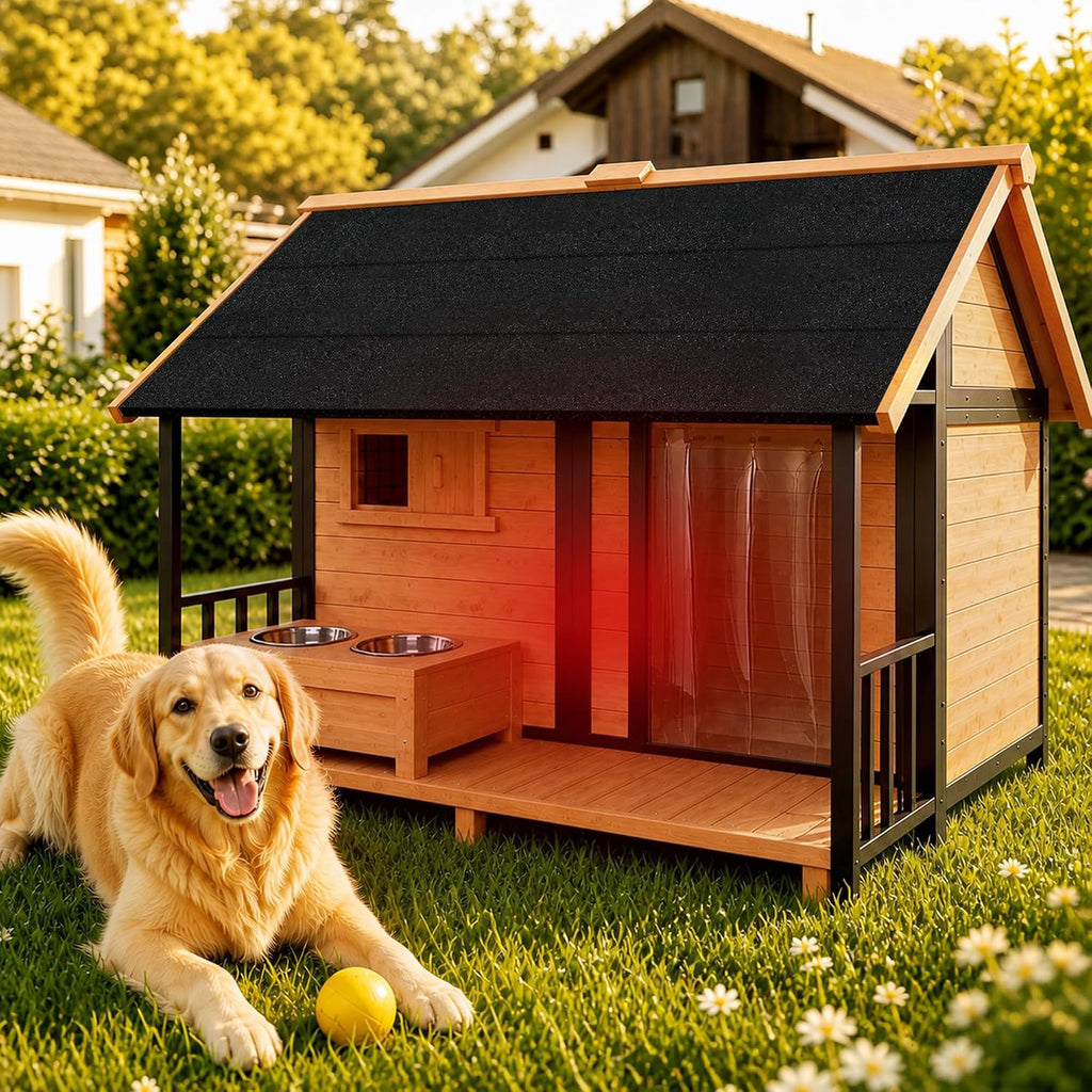 extra large dog house with porch& dog bowls, main product view