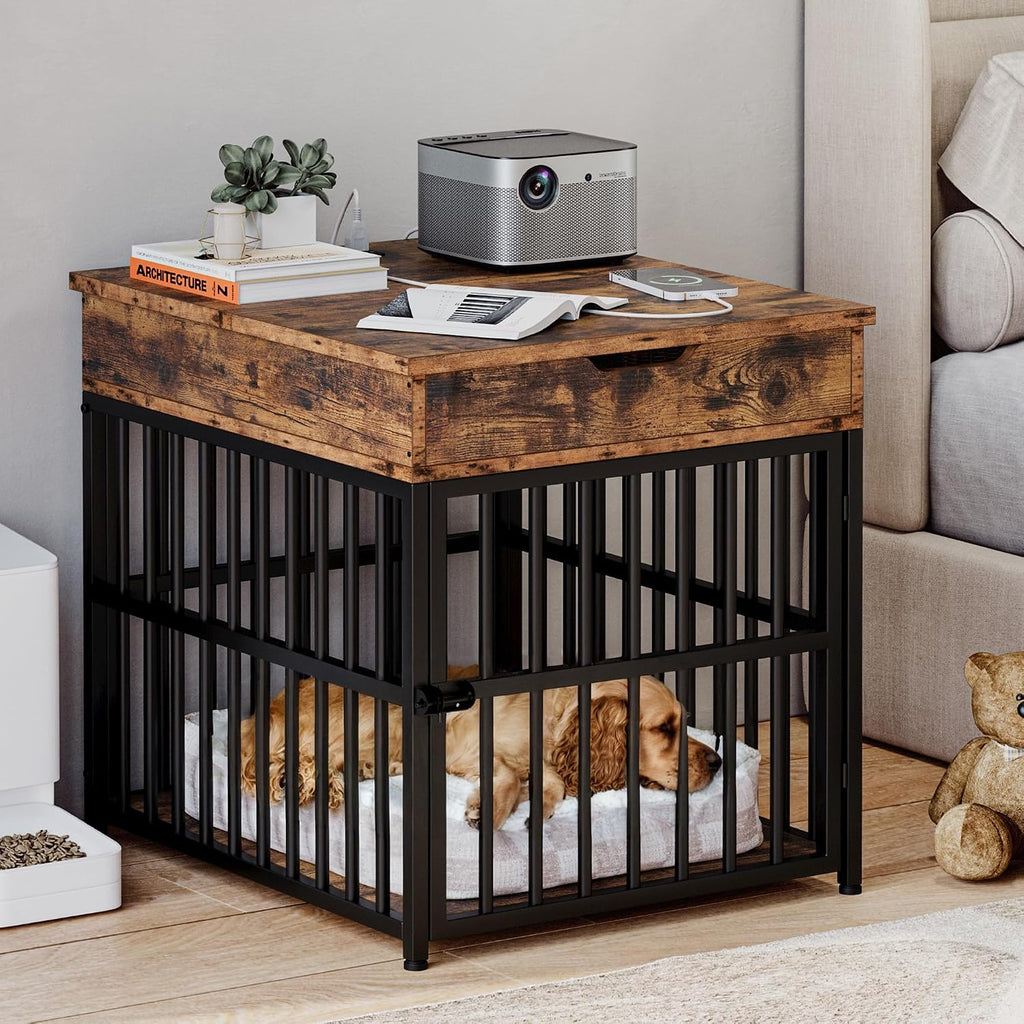 ironck dog crate furniture for small dogs, rustic, side view
