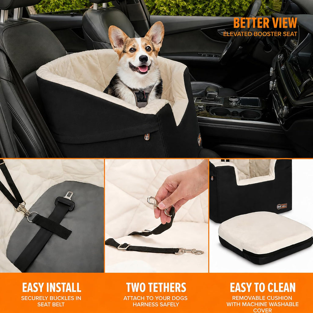 k&h bucket booster dog car seat, cat & shown in use