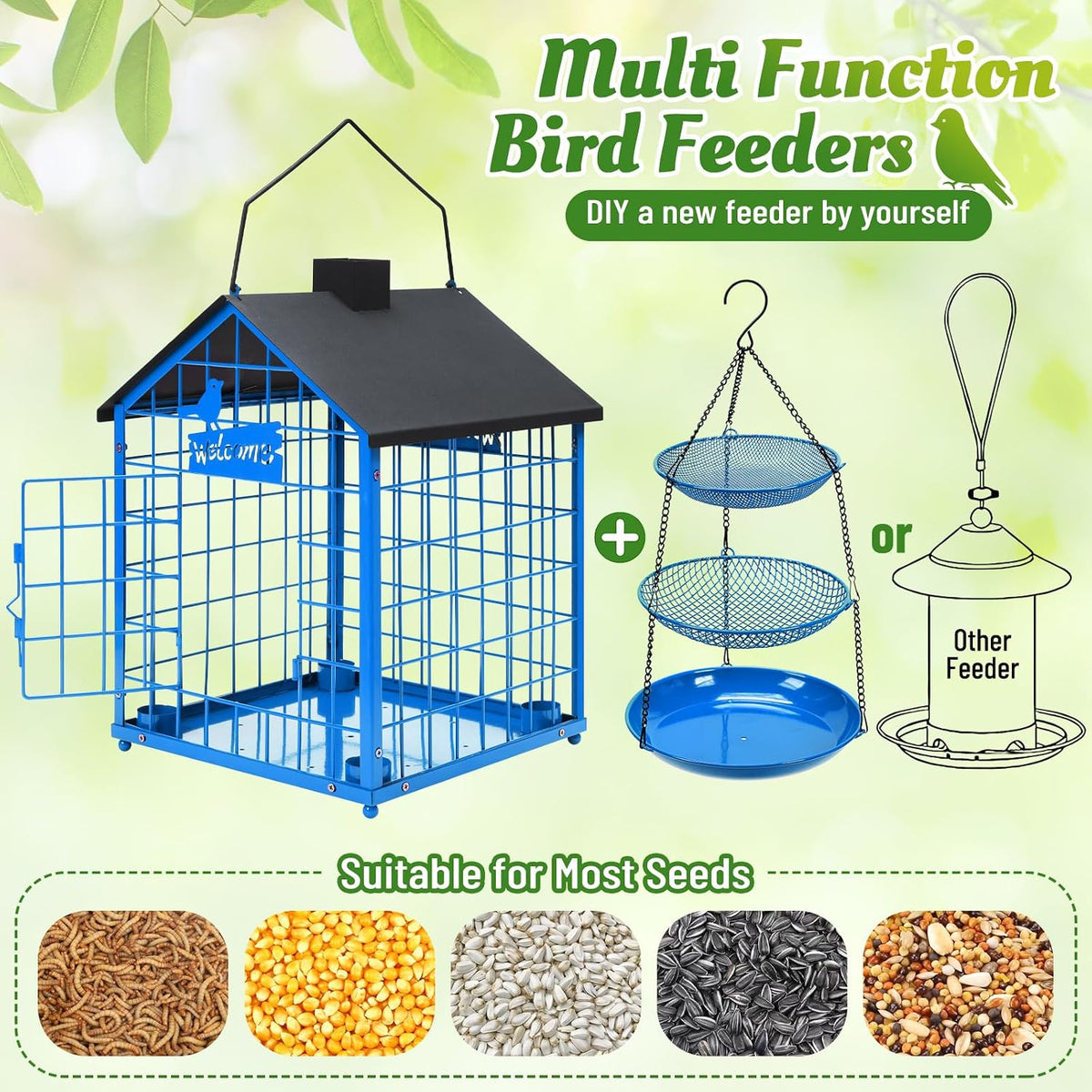 bird feeders for bluebirds, metal huge caged squirrel-proof showing dimensions